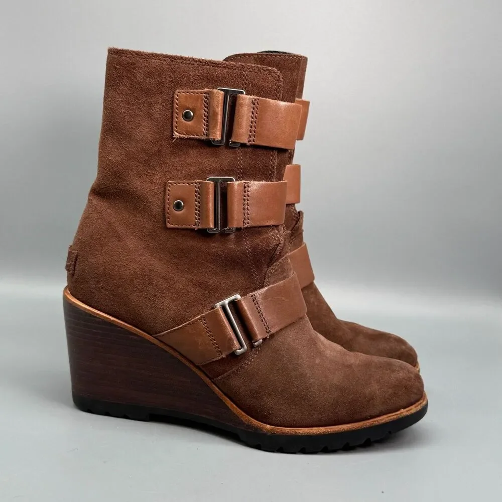 Sorel After Hours Women's 9.5 Brown Suede Ankle Booties Wedge Zipper Casual